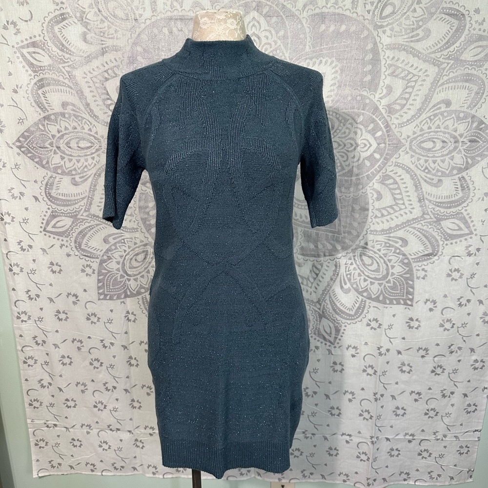 Euc $49 SimplyVera Simply Vera Wang Sweater Dress Sparkle Teal Blue Mock Neck M